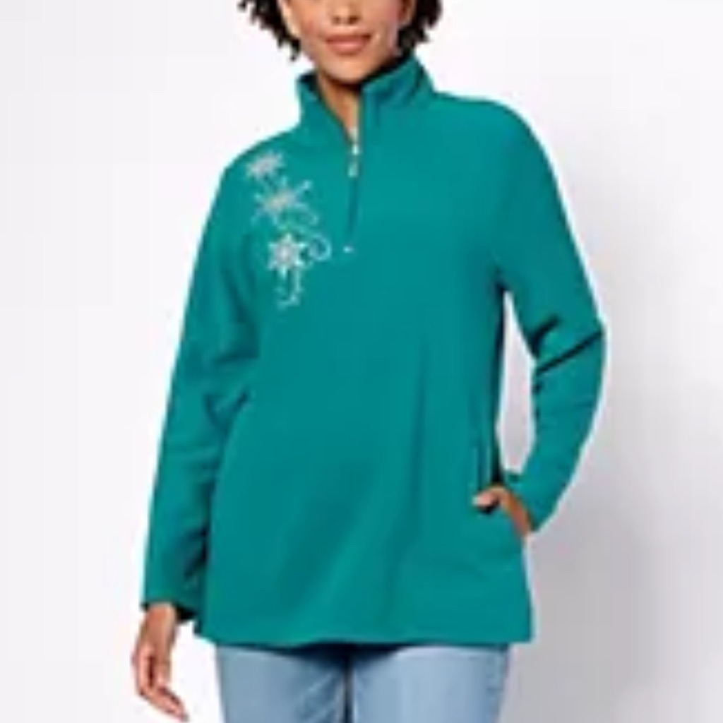 Quacker Factory Let It Snow 1/4 Zip Teal/Green Fleece Pull-Over Sz L Nwt